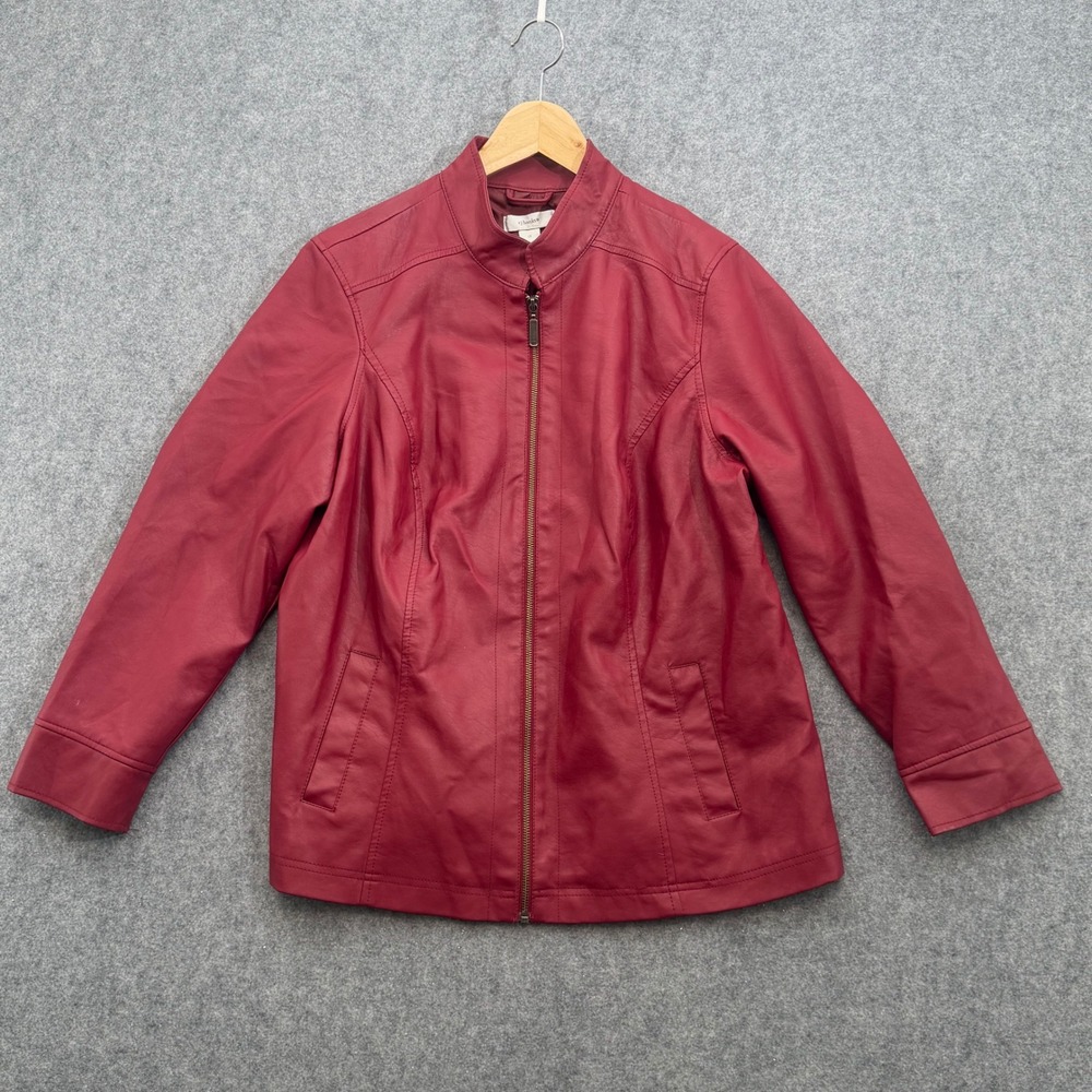 C.J. Banks Womens Red Faux Leather Zip Up Mock Neck Jacket Burgundy Size 1X